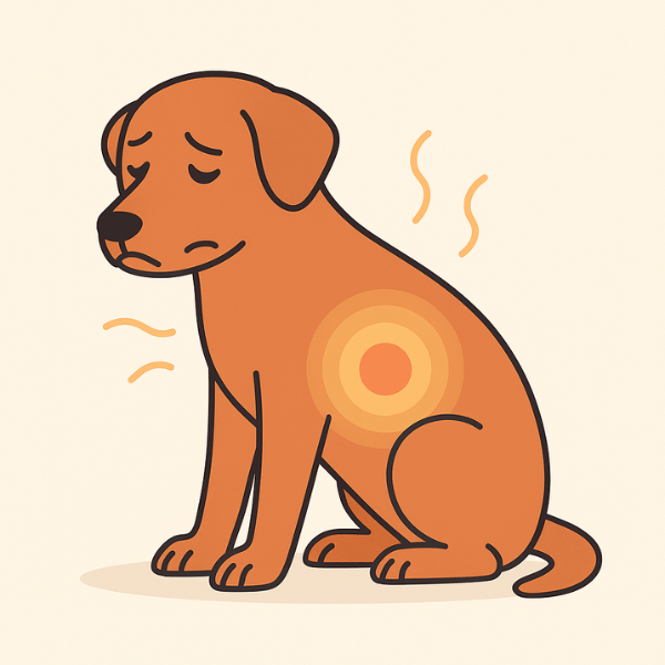 Chien vu de profil avec un halo lumineux sur l’abdomen pour représenter un inconfort digestif. Illustration. Crédit photo Planipets.
