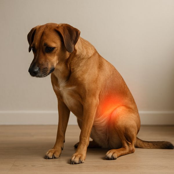 Chien vu de profil avec un halo lumineux sur l’abdomen pour représenter un inconfort digestif cause de diarrhée chien vaccin. Illustration. Crédit photo Planipets.