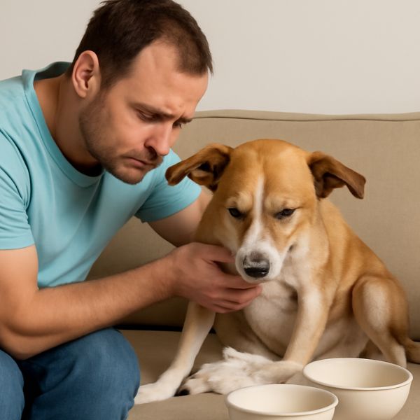 Chien souffrant de diarrhée après la prise de médicaments, avec un vétérinaire observant la situation.