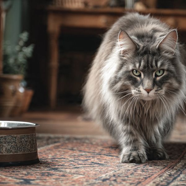 Illustration : Un chat qui miaule beaucoup Maine Coon âgé, à la démarche légèrement raide, se dirigeant vers sa gamelle, soulignant la difficulté à se déplacer due à l'âge ou à l'arthrose. Crédit photo : Planipets.