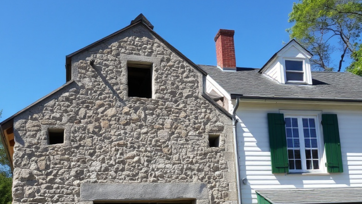 Illustration représentant une maison en pierre dans un cadre rural, probablement en zone montagneuse, illustrant un environnement typique d'un village.
