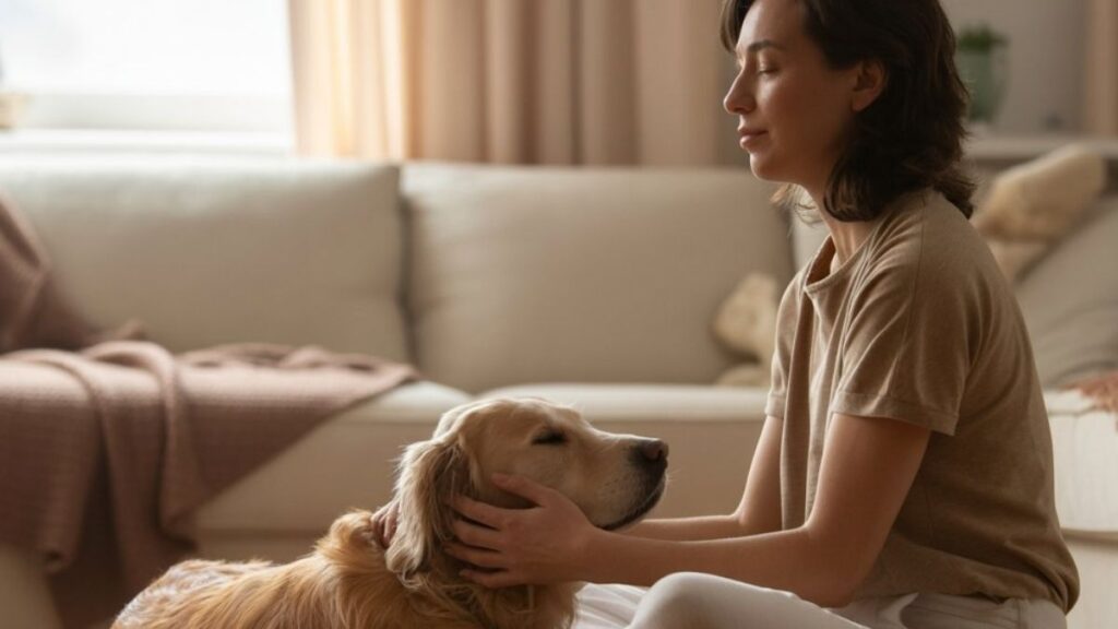 Une personne assise dans un salon calme, la main posée doucement sur un chien allongé près d’elle, dans une atmosphère apaisée.
