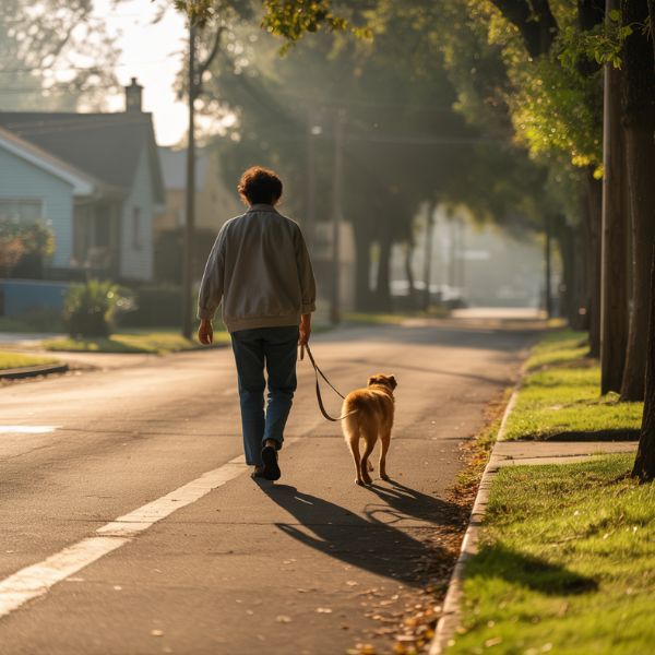 Une personne marchant avec son chien dans une rue paisible au soleil du matin.