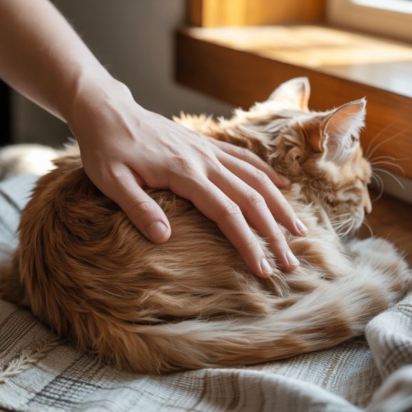 Gros plan d’une main caressant doucement un chat allongé, dans une lumière douce et chaleureuse.