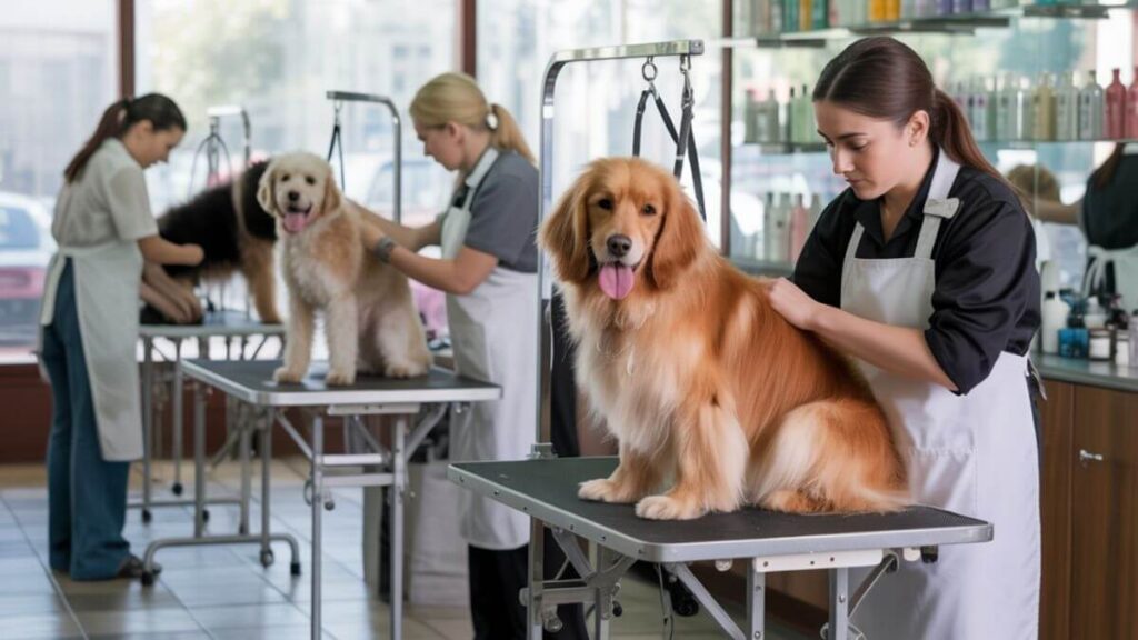 Illustration de jeunes apprentis toiletteurs à la MFR du Perche, travaillant sur des chiens en formation. L’école a été élue meilleure de France au championnat national de toilettage 2025.