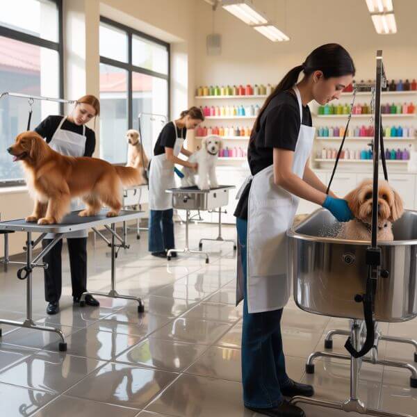 Illustration montrant des apprentis toiletteurs à la Maison familiale rurale du Perche, s’exerçant sur des chiens en formation dans un salon pédagogique lumineux.