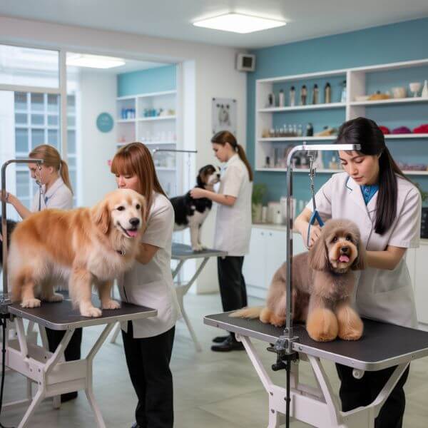 Illustration de jeunes apprentis toiletteurs à la MFR du Perche, préparant des chiens sur des tables de toilettage dans un atelier de formation.