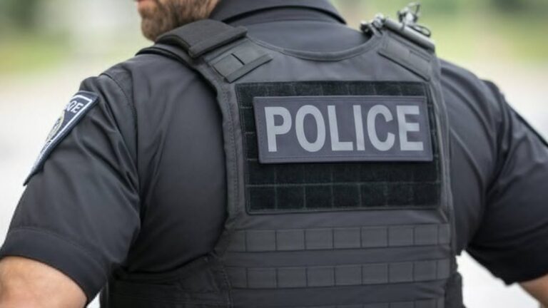 Policier vu de dos portant un gilet marqué « Police » lors d’une intervention. Illustration du lien entre ordre et tension lors d’une interpellation.