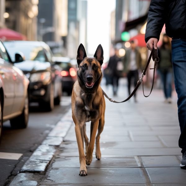 Malinois en laisse marchant sur un trottoir urbain. Illustration du lien entre chien de travail et comportement humain lors d’une intervention policière.