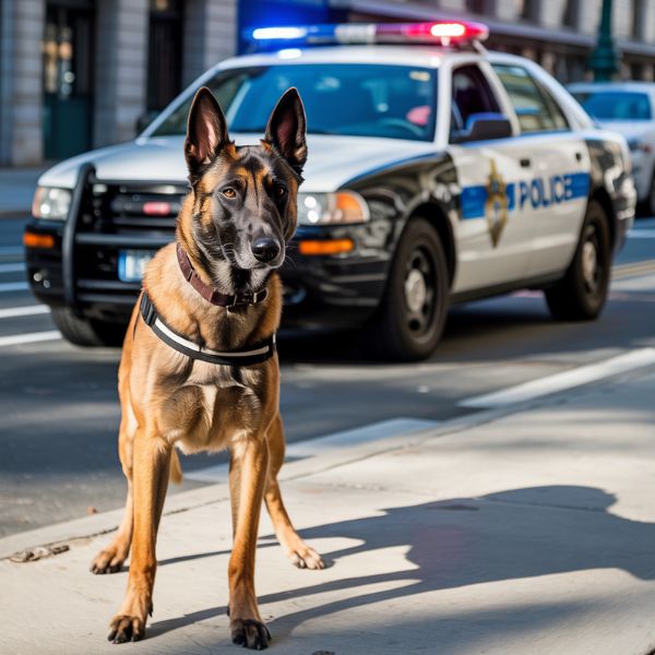 Malinois assis devant des véhicules de police. Illustration du lien entre chien de travail, obéissance et contexte d’intervention.