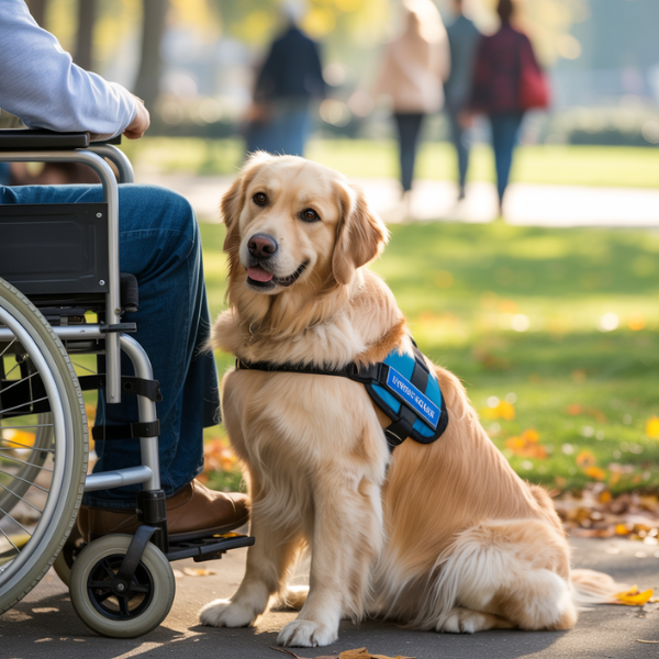 Un chien d’assistance blond assis à côté d’une personne en fauteuil roulant dans un parc, portant un harnais bleu indiquant sa mission d’aide.