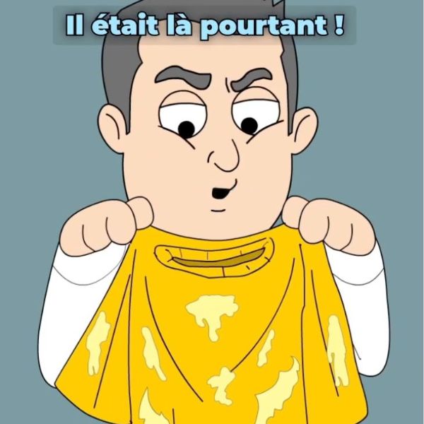 Homme de dessin animé tenant un t-shirt jaune mouillé, l’air surpris, avec le texte “Il était là pourtant !” au-dessus de lui.