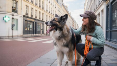 Chloé Diglé, bénévole de l’équipe cynophile de l’ARPD, marche avec son chien pisteur Rosco dans une rue de Versailles pendant un entraînement de recherche de personnes disparues.