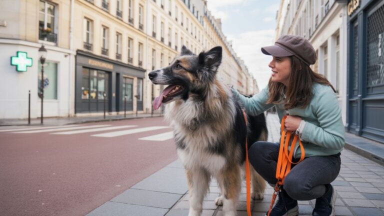 Chloé Diglé, bénévole de l’équipe cynophile de l’ARPD, marche avec son chien pisteur Rosco dans une rue de Versailles pendant un entraînement de recherche de personnes disparues.