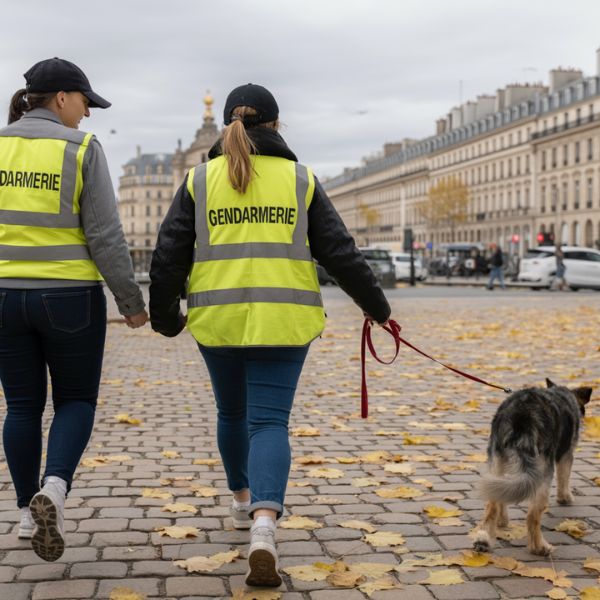 Deux bénévoles de l’équipe cynophile de recherche de personnes disparues marchent côte à côte sur les pavés de Versailles, vêtues de gilets jaunes de signalisation, accompagnées d’un chien en laisse concentré sur sa piste.