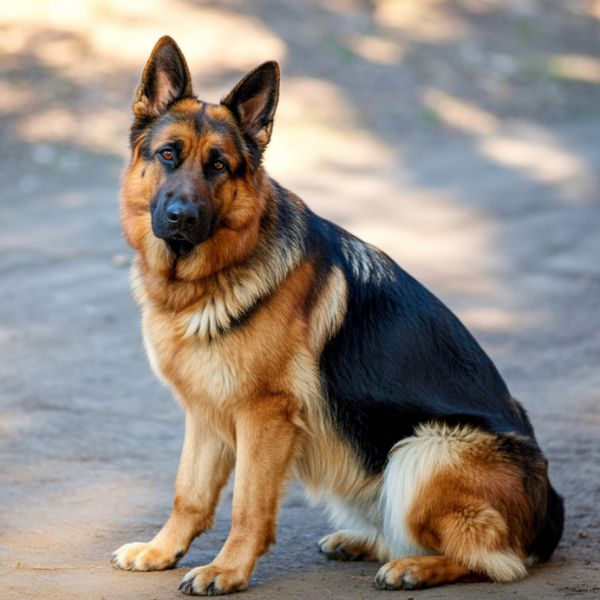Rosco, un berger allemand assis sur les pavés, attentif et concentré, lors d’un entraînement de pistage avec l’équipe cynophile de l’ARPD à Versailles.