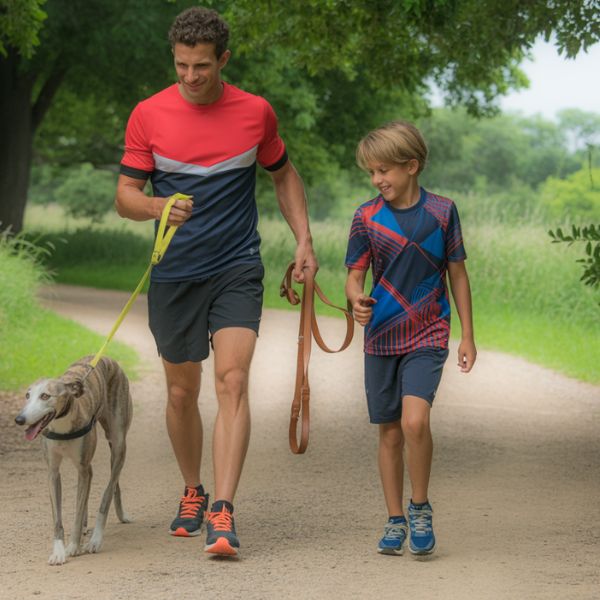 Illustration d’un enfant et d’un adulte courant avec un chien sur un chemin naturel, dans une scène de cani-trail.