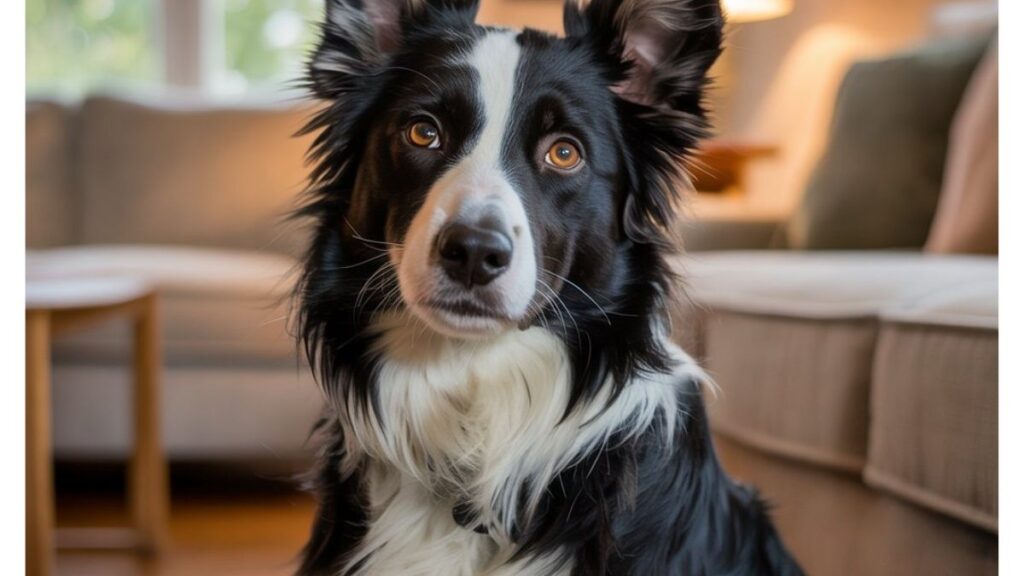 Tom Brady révèle que son chien actuel est le clone de son ancien compagnon à quatre pattes Chien noir et blanc assis sur un canapé dans un salon lumineux, regard tourné vers l’objectif.