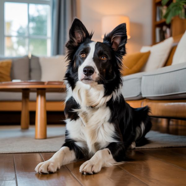 Tom Brady révèle que son chien actuel est le clone de son ancien compagnon à quatre pattes 2 Chien noir et blanc assis dans un salon, regard tourné vers l’objectif.
