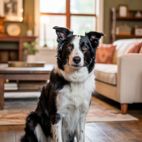 Tom Brady révèle que son chien actuel est le clone de son ancien compagnon à quatre pattes 1 Chien noir et blanc assis dans un salon, regard tourné vers l’objectif.