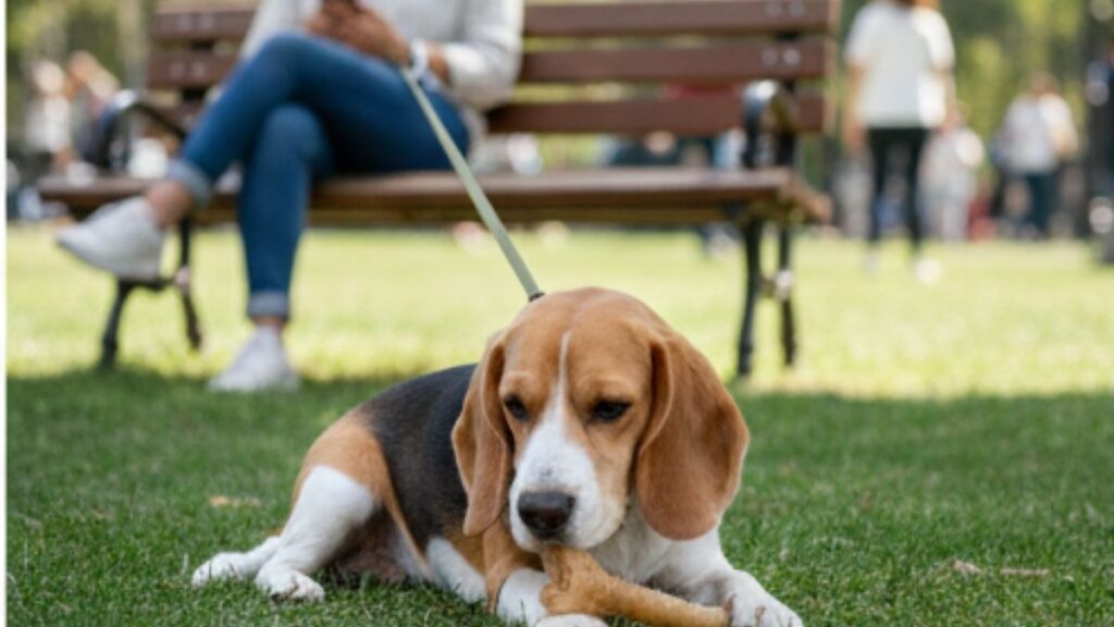 Illustration : Un chien Beagle est tranquillement couché aux pieds de sa maîtresse dans un parc, mâchouillant son jouet et ignorant les passants. Crédit photo : Planipets.