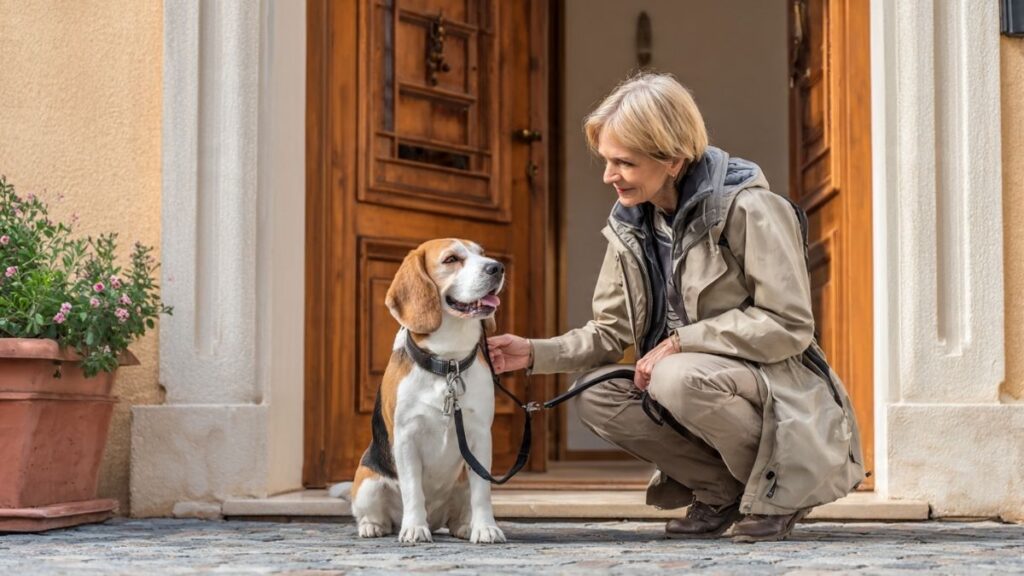 llustration : Un dog-sitter professionnel attache la laisse d'un Beagle souriant devant une maison, prêt pour une promenade pendant l'absence du propriétaire. Crédit photo : Planipets.