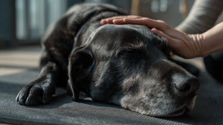 Illustration : Une main humaine effectue un massage lent et apaisant sur le cou d'un Labrador Noir couché, favorisant la détente. Crédit photo : Planipets.