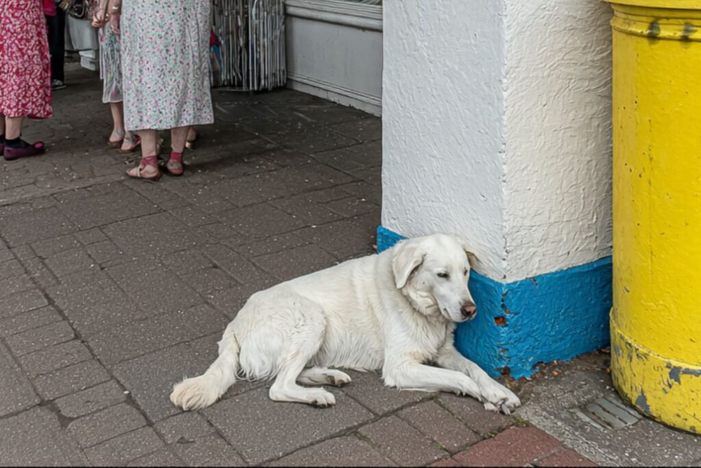 Illustration d'un Golden Retriever stressé, attaché devant un magasin, queue basse et bâillements répétés. Signaux de stress chien. Crédit Photo : Planipets.