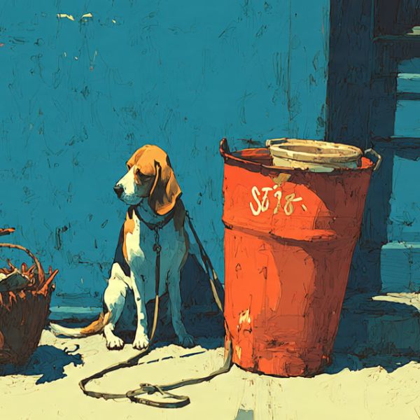 Illustration d'un Berger Australien haletant et faisant des va-et-vient autour de son point d'attache. Signaux de stress chien. Crédit Photo : Planipets.