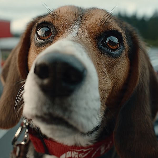 Illustration d'un petit Beagle gémissant et montrant le 'whale eye' (yeux ronds) en attendant son humain. Signaux de stress chien. Crédit Photo : Planipets.