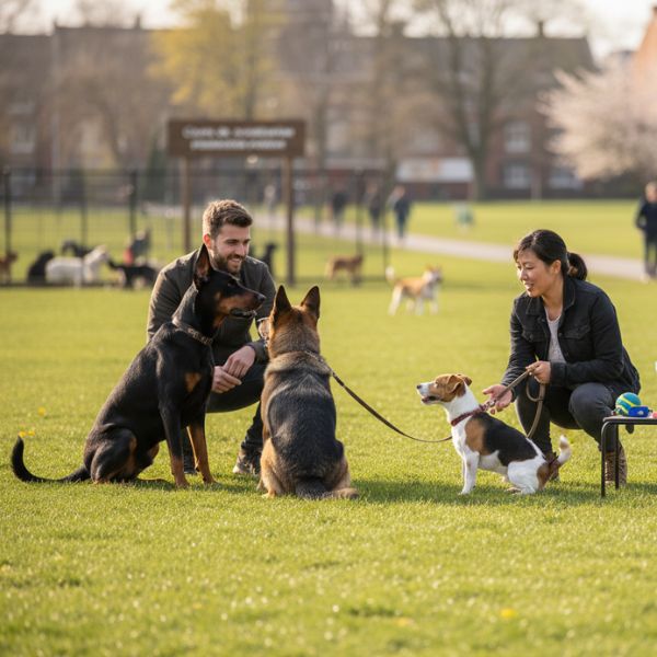 llustration : Une femme donnant une friandise à son Labrador adulte en laisse, qui la regarde attentivement, ignorant un autre chien passant au loin. Crédit photo : Planipets.
