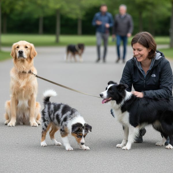 Illustration : Un chiot Berger Allemand dans un parc calme, observant de loin des enfants jouant, illustrant une exposition mesurée et positive. Crédit photo : Planipets.
