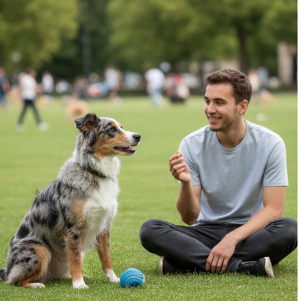 Illustration : Un Berger Australien passe rapidement de l'agitation à la posture "Assis" sur commande, montrant l'alternance excitation/calme. Crédit photo : Planipets.