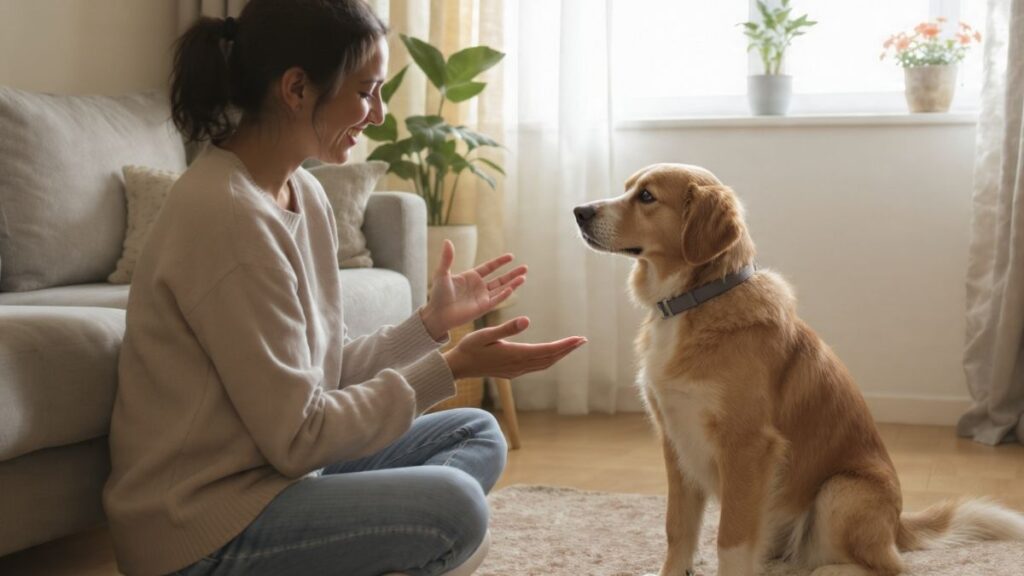 Illustration d'un propriétaire enseignant à son chien à rester calme avant de partir, avec un geste de "reste". Crédit photo : Planipets