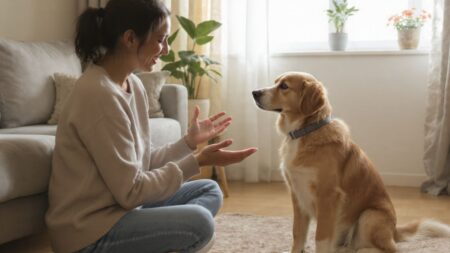 Illustration d'un propriétaire enseignant à son chien à rester calme avant de partir, avec un geste de "reste". Crédit photo : Planipets