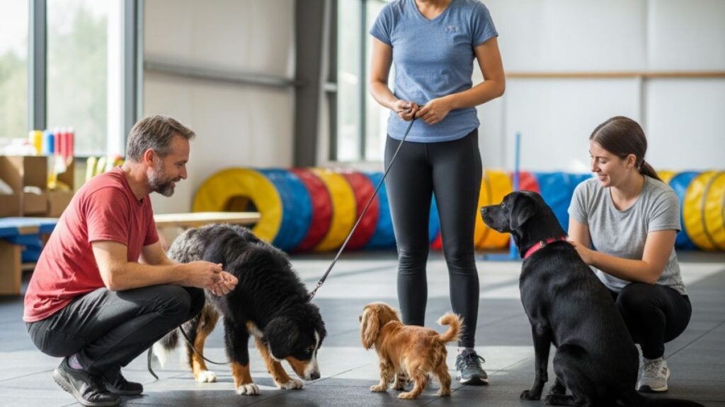 Illustration : Un homme guide son Border Collie en laisse pour contourner calmement un chien surexcité, évitant ainsi une interaction non désirée. Crédit photo : Planipets.