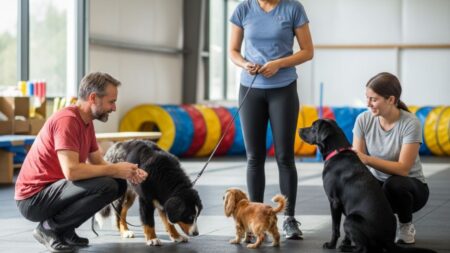 Illustration : Un homme guide son Border Collie en laisse pour contourner calmement un chien surexcité, évitant ainsi une interaction non désirée. Crédit photo : Planipets.