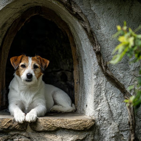 Illustration d'un chien assis calmement dans une niche à l'extérieur, dans un environnement tranquille et sécurisé : préparer son chien à attendre dehors.