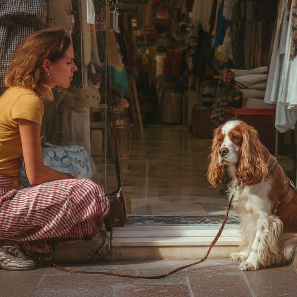 llustration : Un Cocker Spaniel calme est assis en laisse aux pieds de sa propriétaire dans une petite boutique. Le chien est bien comporté. Crédit photo : Planipets.