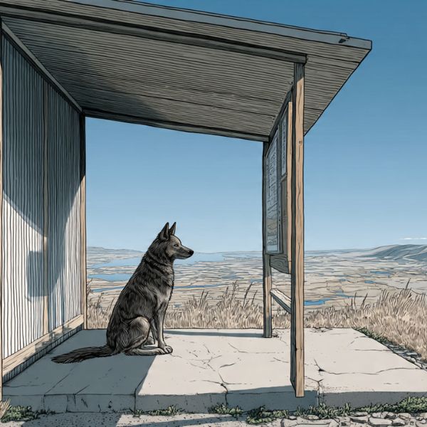 Illustration d'un chien attendant tranquillement dehors, dans un environnement sécurisé et serein : préparer son chien à attendre dehors.