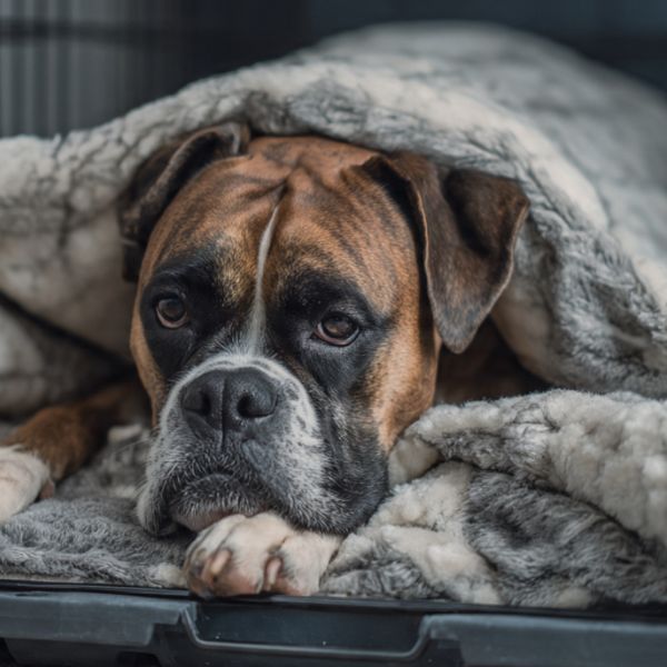 Illustration : Un chien Boxer adulte est couché et détendu à l'intérieur de sa cage de transport ouverte, servant de refuge calme. Crédit photo : Planipets.