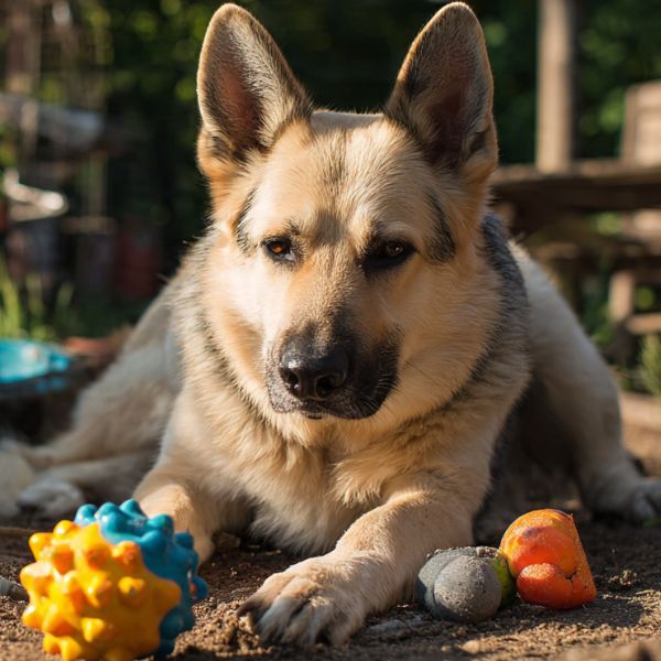 Illustration d'un chien jouant joyeusement avec un jouet interactif dans un jardin ensoleillé : préparer son chien à attendre dehors.