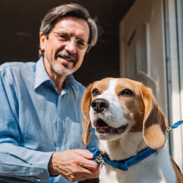 llustration : Un promeneur de chiens met la laisse à un Beagle près de l'entrée d'une maison. Scène de confiance pour une absence sécurisée. Crédit photo : Planipets.