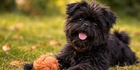 Affenpinscher noir allongé dans l’herbe avec un jouet orange