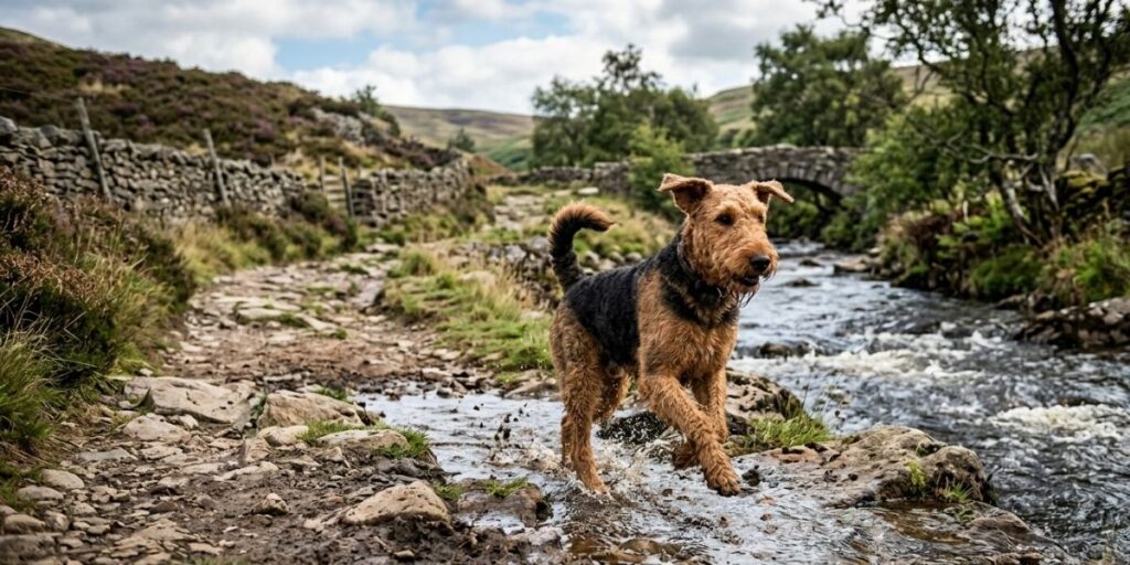 Le Airedale Terrier : infographies pour tout savoir sur son histoire, son tempérament, son éducation, son coût Airedale Terrier marchant dans un ruisseau en pleine nature, sur un chemin rural.