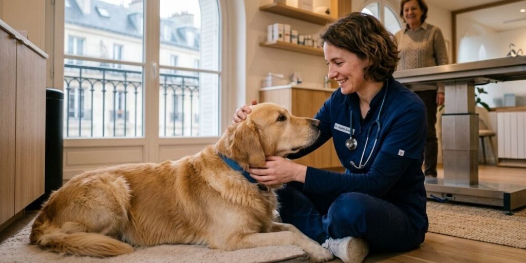 Clinique vétérinaire à Paris : urgences, tarifs et critères pour choisir la bonne adresse Soins vétérinaires à domicile avec une vétérinaire examinant un Golden Retriever dans un salon résidentiel.